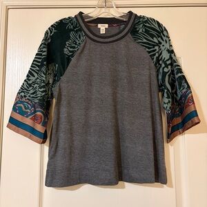Gray and Green Patterned Sleeve Top